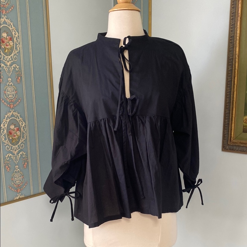 Modern Citizen Black Tie Front Blouse with Mandarin Collar